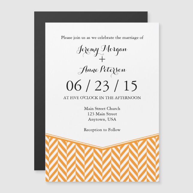Invitation Magnétique Orange Blanc Magnétique Herringbone Mariage Invita (Devant / Derrière)