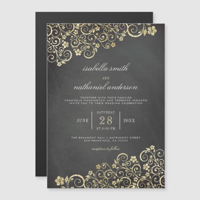Invitation Magnétique Ornement or sur tableau noir | Mariage moderne (Devant / Derrière)