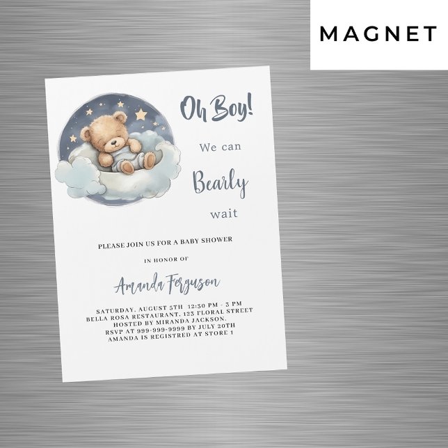 Invitation Magnétique Ours en peluche garçon lune bleue ciel luxe baby s (Créateur téléchargé)