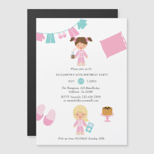 Invitation Magnétique Pajama rose et bleu Pancake Girl Birthday Party