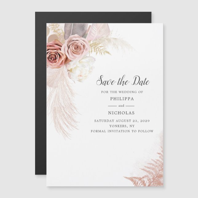 Invitation Magnétique Pampas Grass Floral Script Mariage Enregistrer La  (Devant / Derrière)