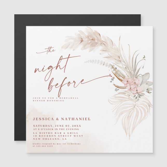 Invitation Magnétique Pampas Herbe Boho Floral La Nuit Avant (Devant / Derrière)