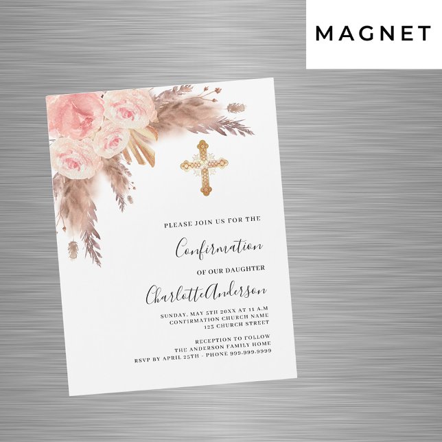 Invitation Magnétique Pampas herbe rose or rose luxe confirmation (Créateur téléchargé)