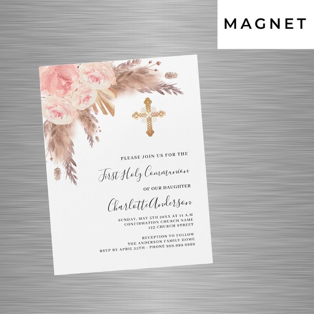 Invitation Magnétique Pampas herbe rose rose luxe première communion (Créateur téléchargé)