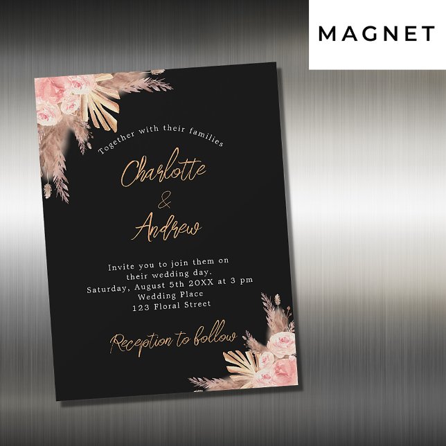 Invitation Magnétique Pampas noir mariage gazon rose or fleuri luxe (Créateur téléchargé)