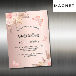 Invitation Magnétique Pampas papillon d'anniversaire rose or fleuri luxe