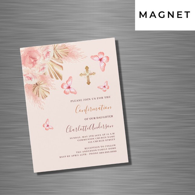 Invitation Magnétique Pampas papillon rose pêche luxe Confirmation (Créateur téléchargé)