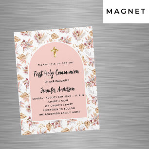 Invitation Magnétique Pampas première communion fleurs rose or luxe