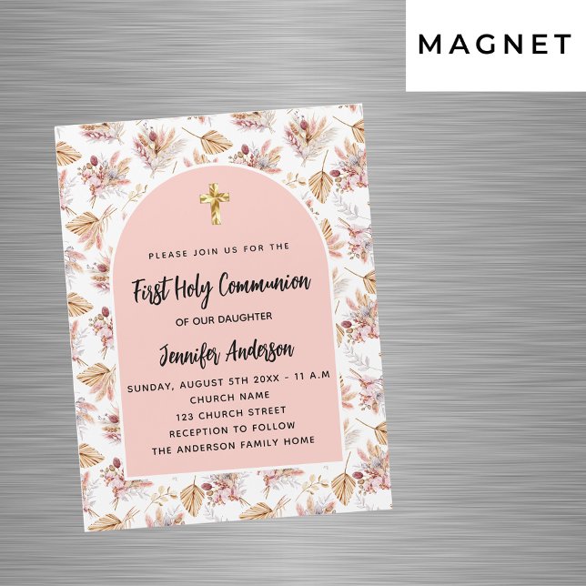 Invitation Magnétique Pampas première communion fleurs rose or luxe (Créateur téléchargé)