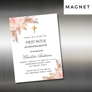 Invitation Magnétique Pampas rose rougir première communion sainte luxe