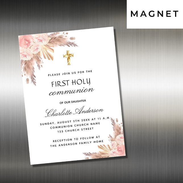 Invitation Magnétique Pampas rose rougir première communion sainte luxe (Créateur téléchargé)
