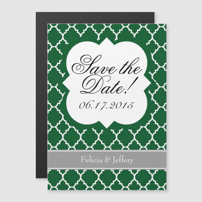 Invitation Magnétique Papier Quatrefoil Blanc Vert Foncé Enregistrer l'a (Devant / Derrière)