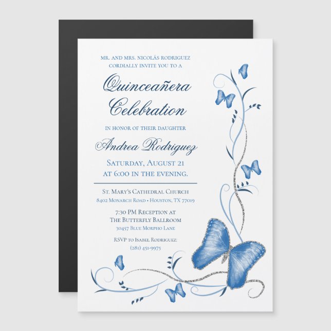 Invitation Magnétique Papillon bleu et perruques Quinceañera (Devant / Derrière)