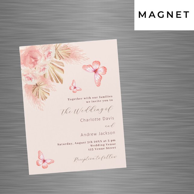 Invitation Magnétique Papillons pampas herbe rose or luxe mariage (Créateur téléchargé)