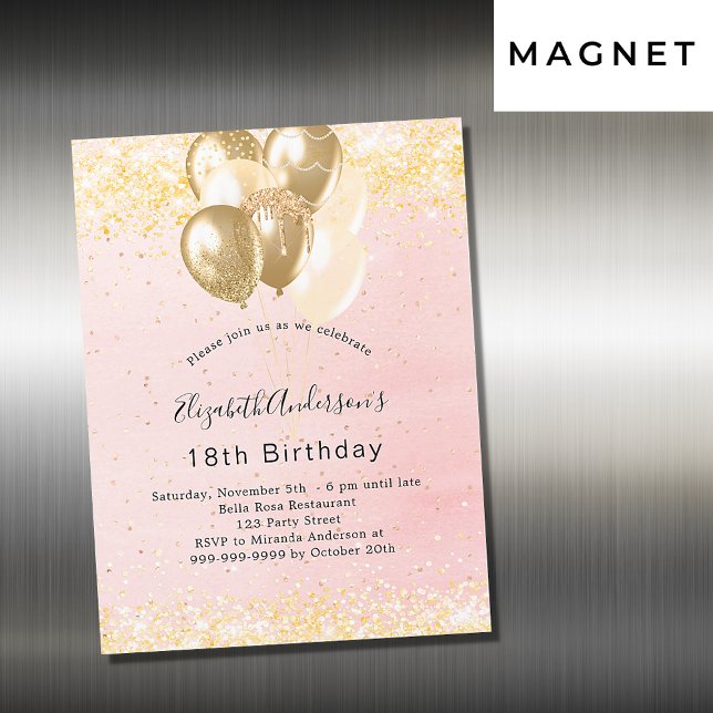 Invitation Magnétique Parties scintillant d'or blush anniversaire ballon (Créateur téléchargé)