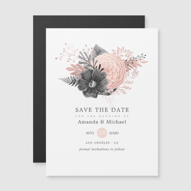 Invitation Magnétique Pastel Blush Pink et Charcoal Black Enregistrer la (Devant / Derrière)