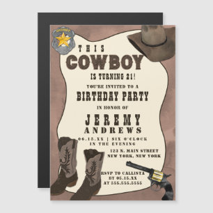 Invitation Magnétique Pays Brown Cowboy Aquarelle Anniversaire
