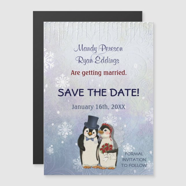 Invitation Magnétique Penguin Winter Snowflakes Mariage Enregistrer La D (Devant / Derrière)