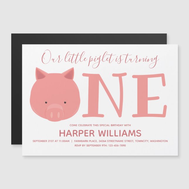 Invitation Magnétique Petit Piglet transformant un animal premier annive (Devant / Derrière)