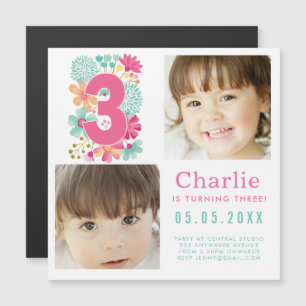 Invitation Magnétique Photo de fête d'anniversaire Troisième Trois 3 ans