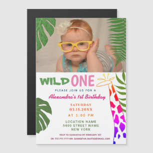 Invitation Magnétique Photo de girafe Safari Jungle pour le 1er annivers