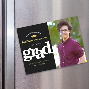 Invitation Magnétique Photo de remise de diplôme typographie noir or gra