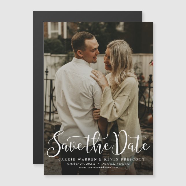 Invitation Magnétique Photo de script simple enregistrer la date (Devant / Derrière)