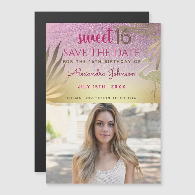 Invitation Magnétique Photo Enregistrer La Date Sweet 16 Pink Gold (Devant / Derrière)