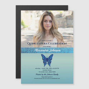 Invitation Magnétique Photo Quinceanera Parties scintillant Papillon ble