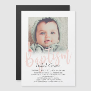 Invitation Magnétique Pinceau rose pâle Script photo Baptême