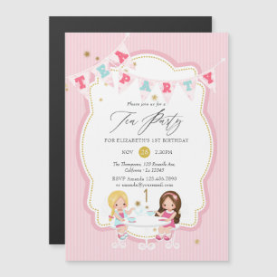 Invitation Magnétique Pink and Gold Girl 1st Birthday Tea Party