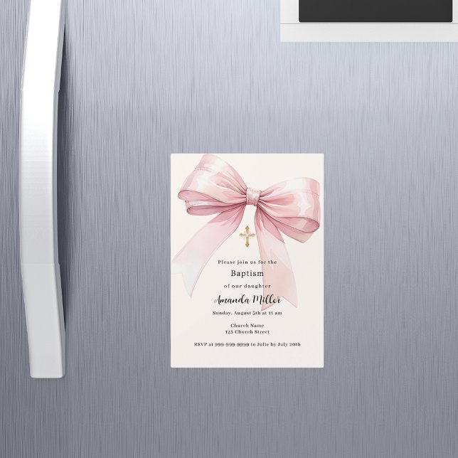 Invitation Magnétique Pink bow crème fille Baptême (Créateur téléchargé)