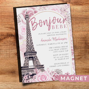 Invitation Magnétique Pink Gold Floral Bonjour Bebe Baby shower
