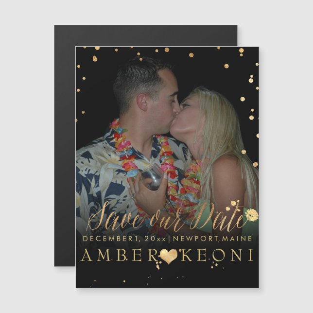 Invitation Magnétique PixDezines Faux Gold Confetti/Coeur/Date de sauveg (Devant / Derrière)