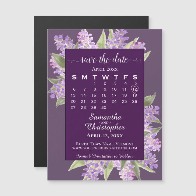 Invitation Magnétique Plum Purple Lilacs Mariage Enregistrer la date Cal (Devant / Derrière)