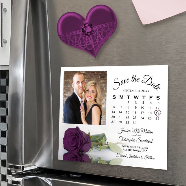 Invitation Magnétique Plum Purple Rose Calendrier & Photo Date d'enregis (Magnetic for convenient display!)