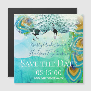 Invitation Magnétique Plume de paon turquoise bleu vert et cuivre