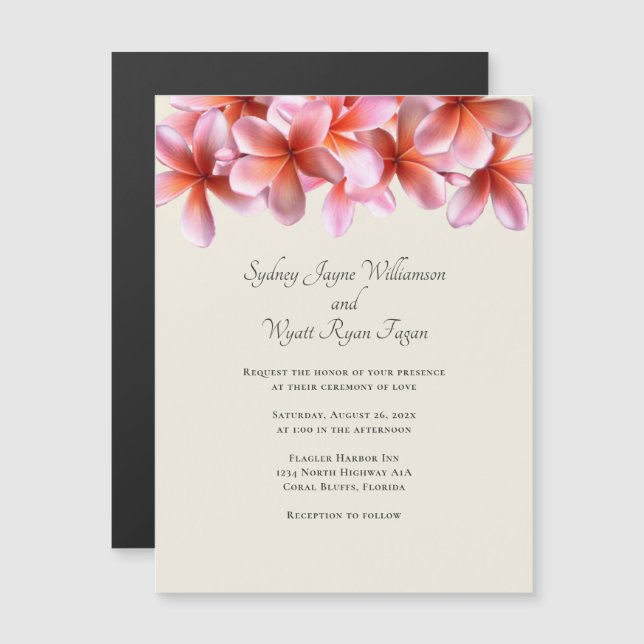 Invitation Magnétique Plumeria rose Fleurs réelles Frontière Ecru (Devant / Derrière)