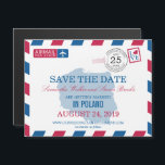 Invitation Magnétique POLAND Airmail Enregistrer la date<br><div class="desc">Un mariage créatif amusant Enregistrer la Date à envoyer à tous vos invités annonçant votre mariage de destination avec ce design Red and Blue Airmail. Carte de POLOGNE placée au centre du design dans une couleur bleu clair. Si le jeu de couleurs n'est pas ce que vous vouliez, envoyez un...</div>