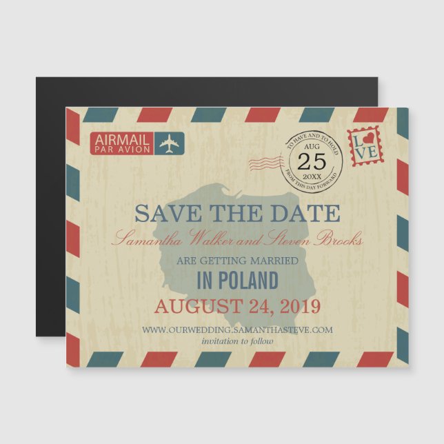Invitation Magnétique POLOGNE Antique Airmail Enregistrer la date (Devant / Derrière)