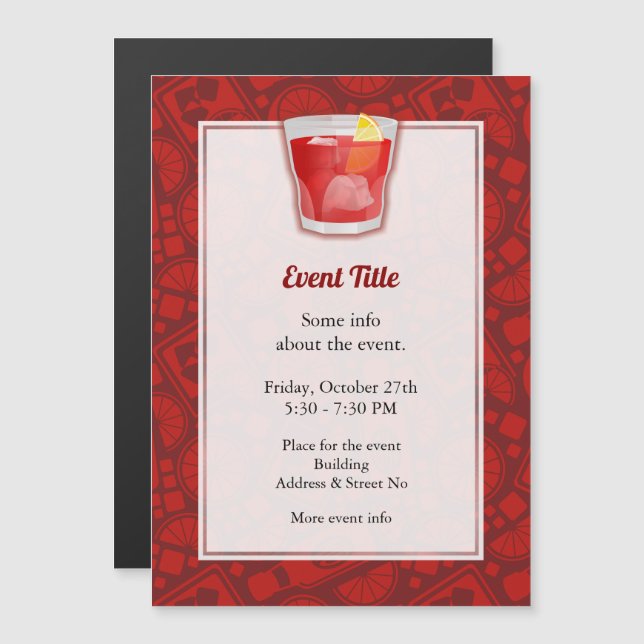 Invitation magnétique pour cocktail Negroni (Devant / Derrière)