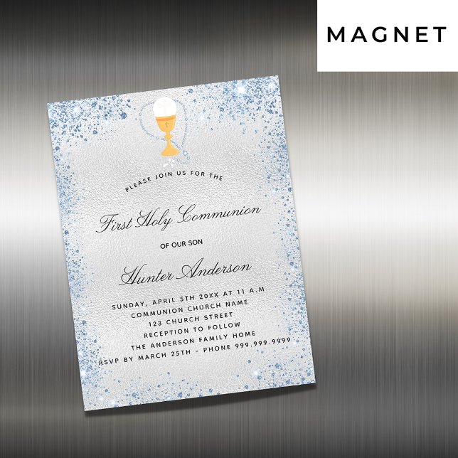 Invitation Magnétique Première communion argent bleu garçon luxe (Créateur téléchargé)