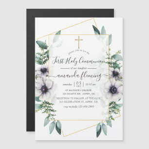 Invitation Magnétique Première communion florale géométrique à l'eucalyp