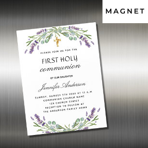 Invitation Magnétique Première communion lavande eucalyptus violet luxe