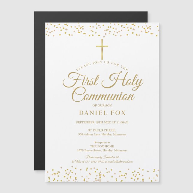 Invitation Magnétique Première communion Poussière d'Or (Devant / Derrière)