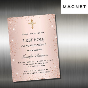 Invitation Magnétique Première communion rose parties scintillant or lux