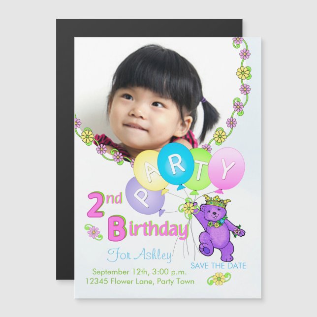 Invitation Magnétique Princess Bear Custom 2e fête d'anniversaire (Devant / Derrière)