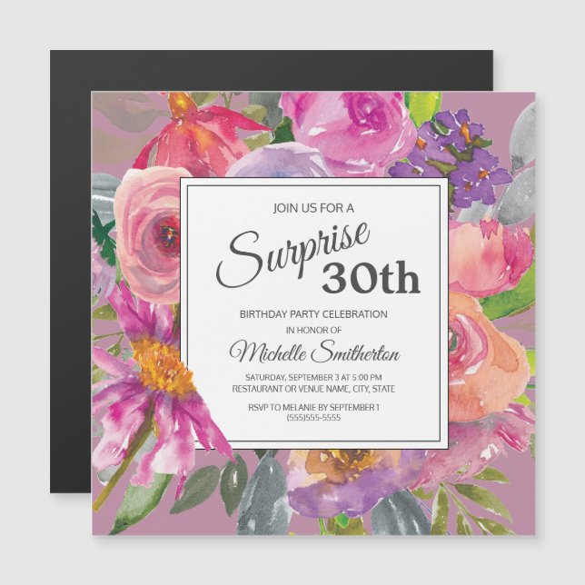 Invitation Magnétique Purple Fleur sauvage rose 30ème Carré fête d'anniv (Devant / Derrière)