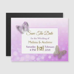Invitation Magnétique Purple Gold Butterfly Wedding Enregistrer l'aimant