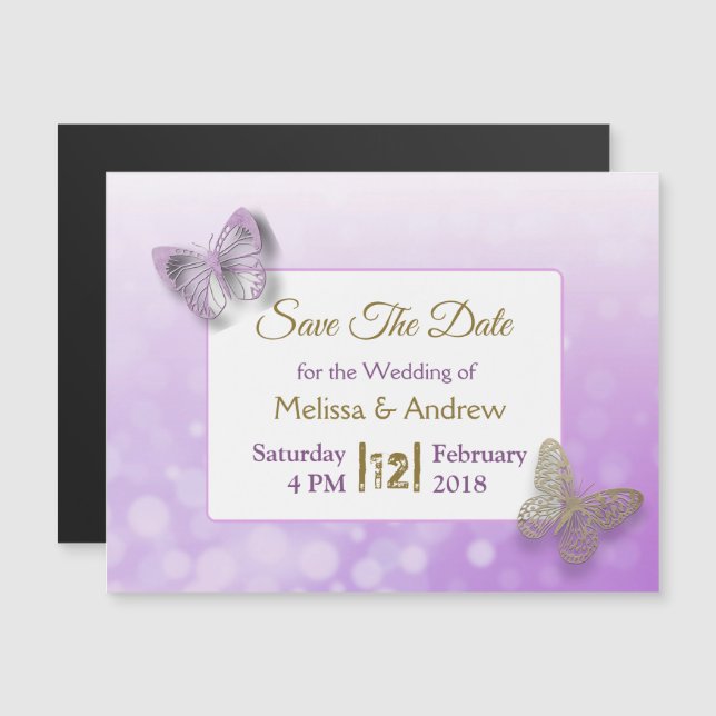 Invitation Magnétique Purple Gold Butterfly Wedding Enregistrer l'aimant (Devant / Derrière)